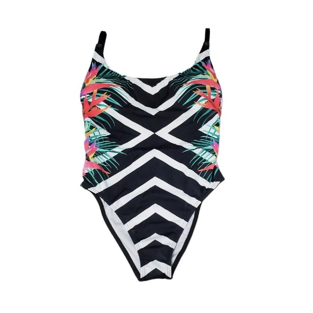 PINK Victoria's Secret Black & White Chevron One-Piece with Tropical Print